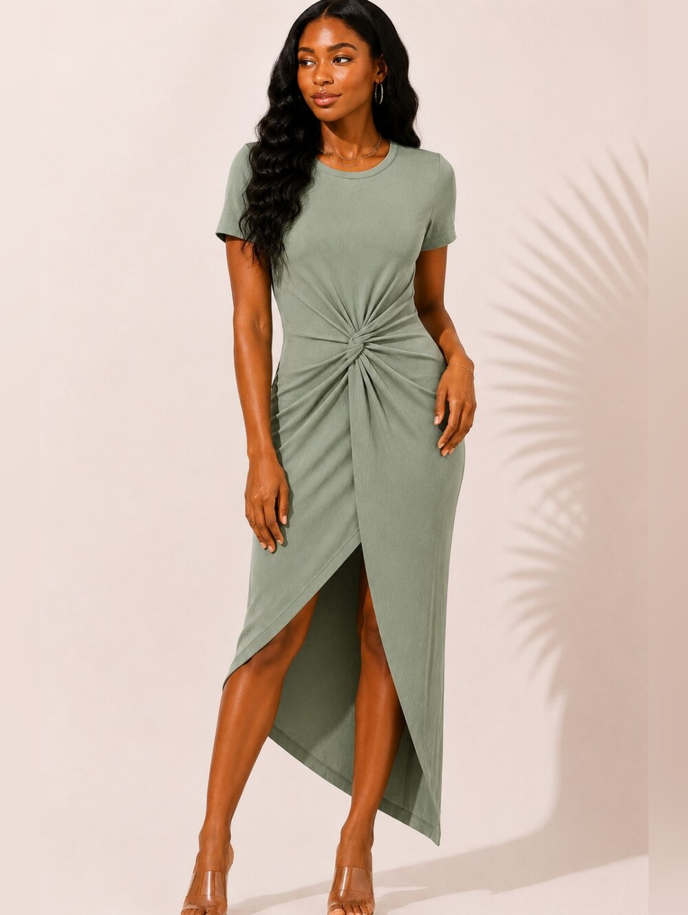 Sage Green Twist Front Midi Dress Asymmetrical Hem Ruched Short Sleeve M-XL